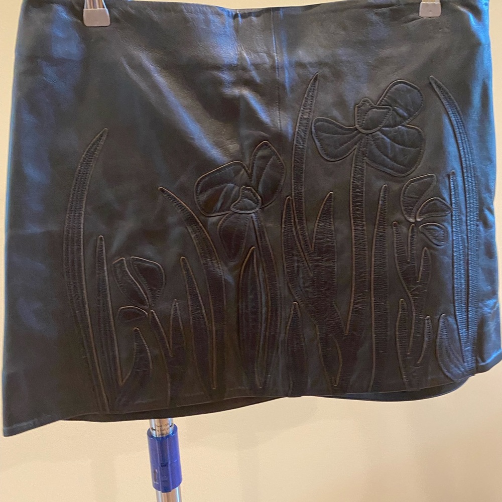 COS Black Genuine Leather Skirt with Embossed Floral Design